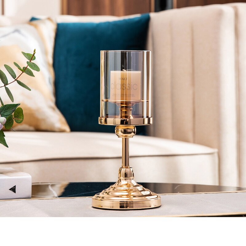 Nordic Metal Gold Tealight Candle Holders For Wedding Decorations With Glass Cover Windproof Candle Holder: small with cover