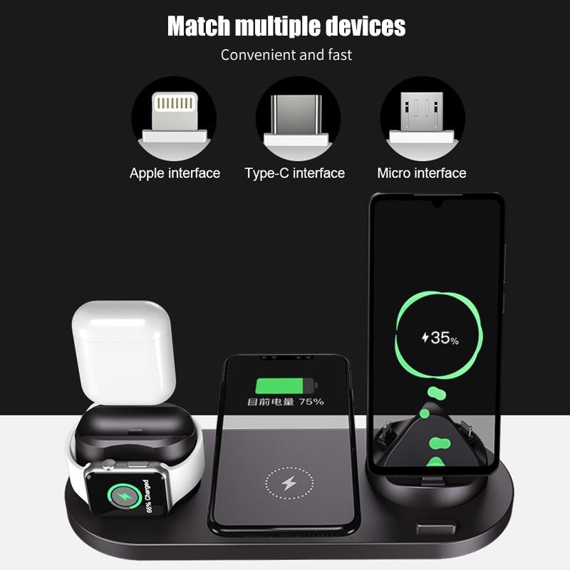 Station de charge sans fil 6 en 1 pour iPhone/Android/téléphones USB type-c 10W Qi, charge rapide pour Apple Watch AirPods Pro,