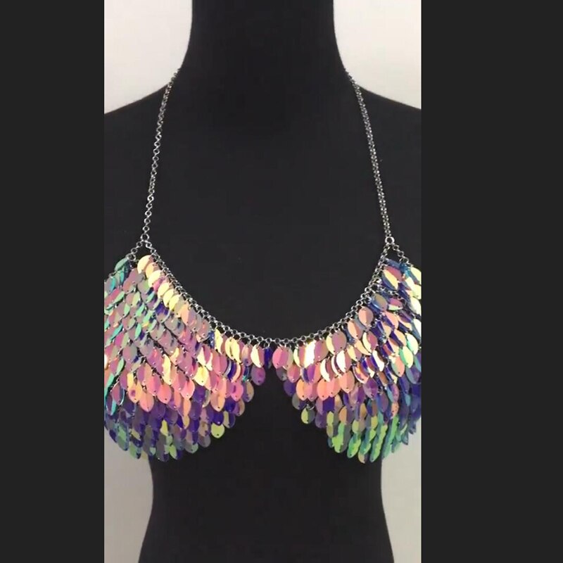 Women Sexy Handcrafted Chest Cover Up Bra Summer Beach Exaggerated Fish Scale Sequin Party Club Halter Bra Chain Sequined Top-40