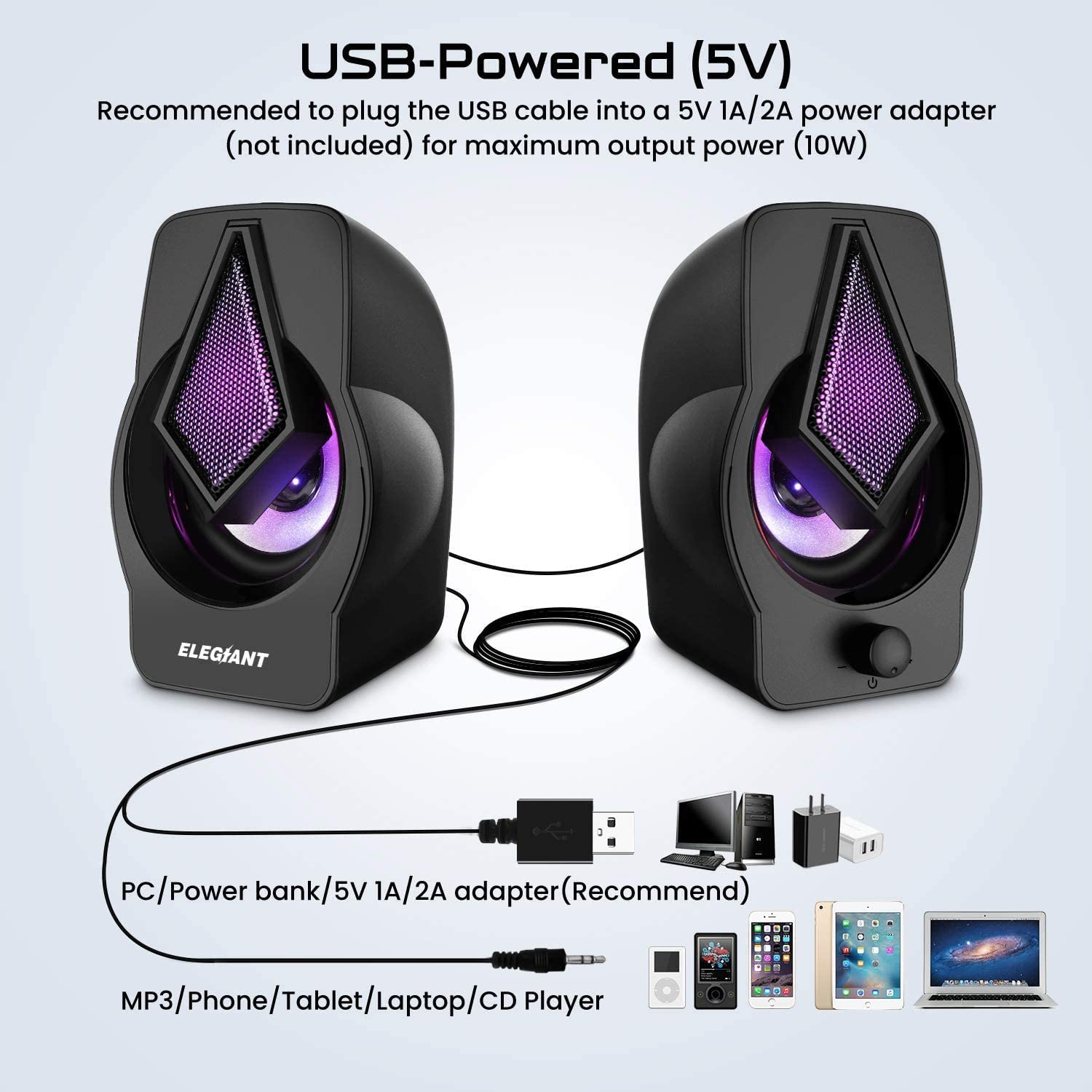 NJSJ Computer Speakers PC Speakers 2.0 USB Powered Stereo Volume Control with LED Light