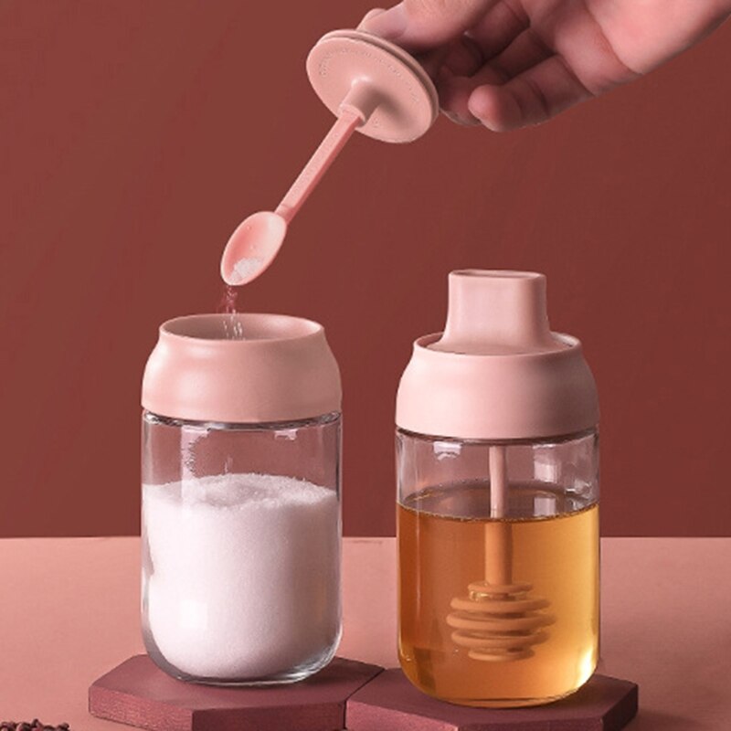 250ml High Borosilicate Glass Spice Jar Seasoning Condiment Salt Pepper Storage with Spoon Honey Stick Brush Lid Kitchen