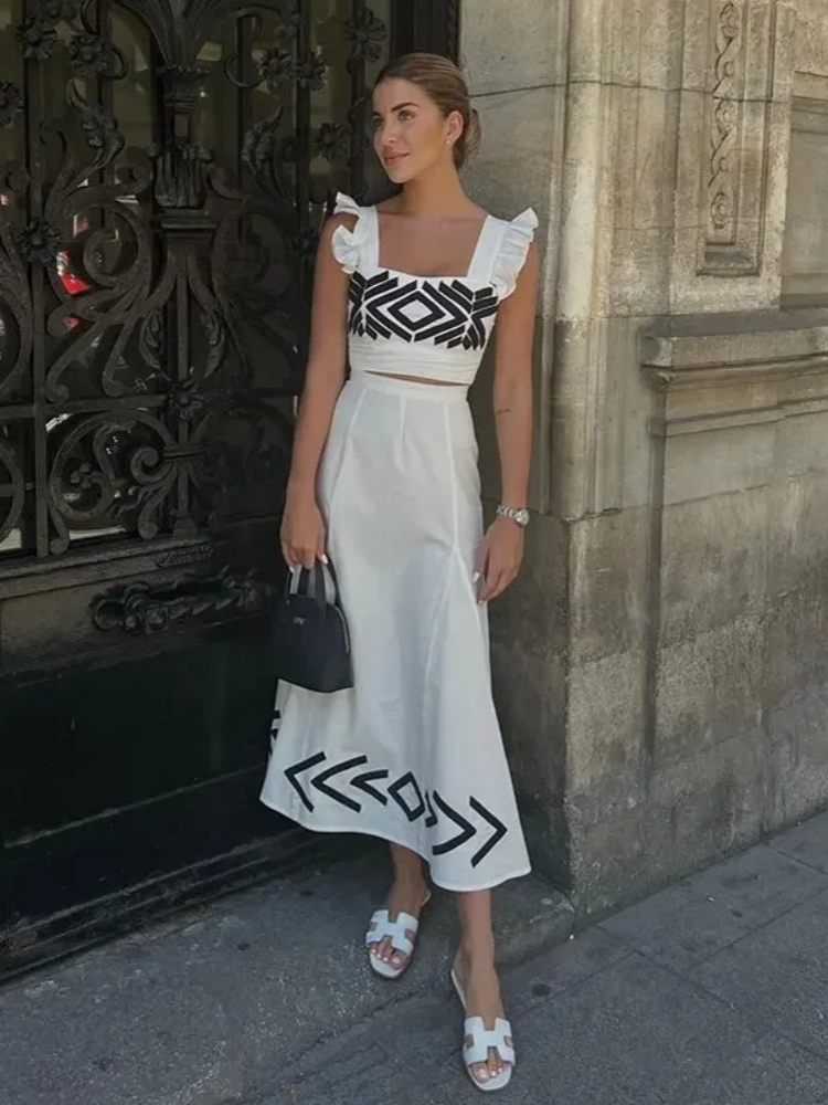 Conjuntos informales de dos piezas para mujer, Tops cortos con manga de mosca a cuadros, falda estampada, conjuntos de vestido, trajes elegantes para vacaciones 2024: S / Blanco