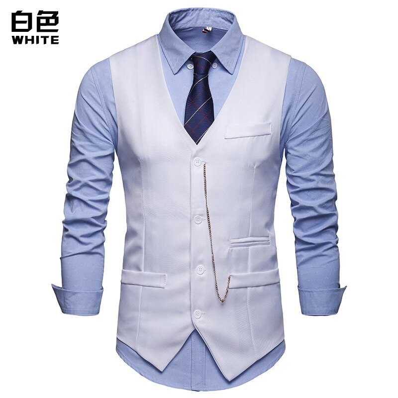 MIAMOOM Men Smart Casual Vest Single Breast Fit Mens Suit Vest: White / S