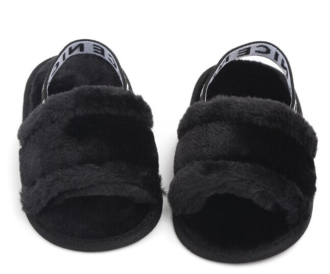 Baby Slipper First Walkers Baby Girls Boys Fuzzy Soft Crib Shoes Letter Elastic Band Solid Crib Pram Prewalker: Black / 13-18 Months