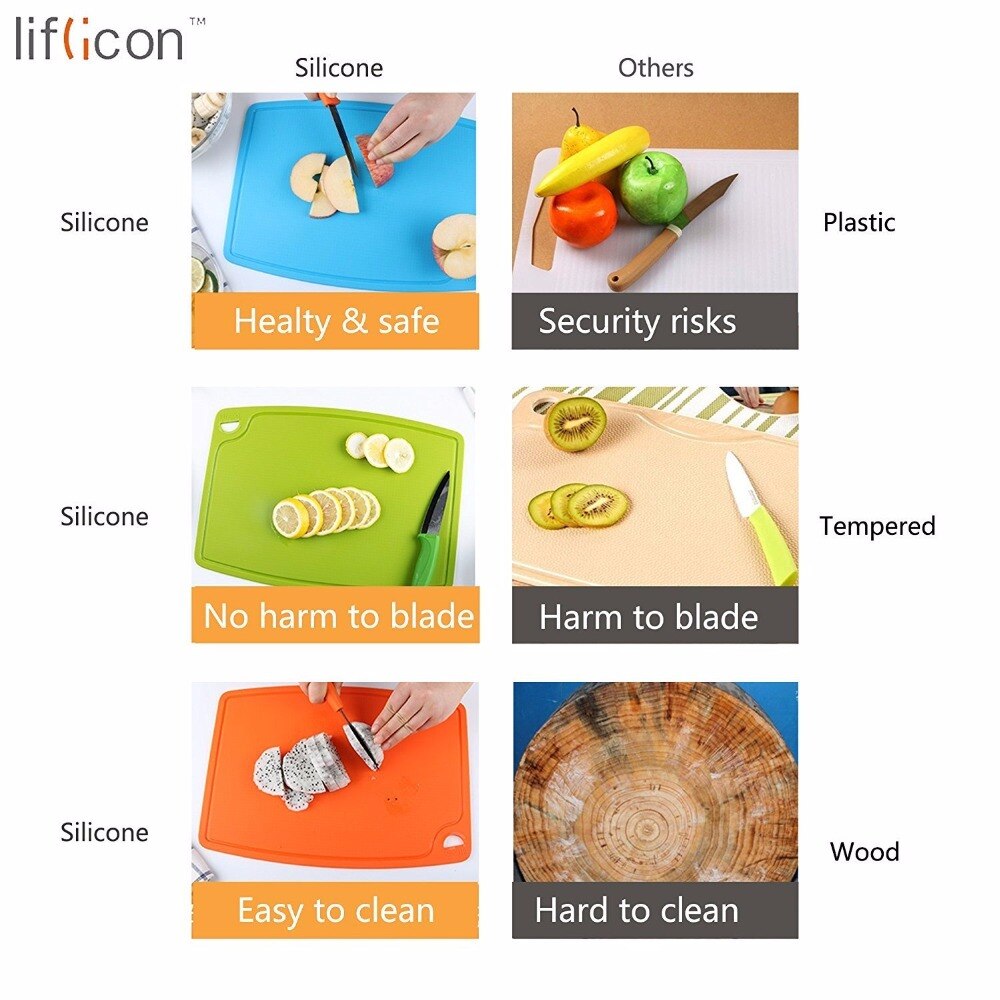 Liflicon Kitchen Flexible Silicone Cutting Boards Fruit Vegetable Non-Slip Chopping Block Multifunctional Cutting Block BPA Free