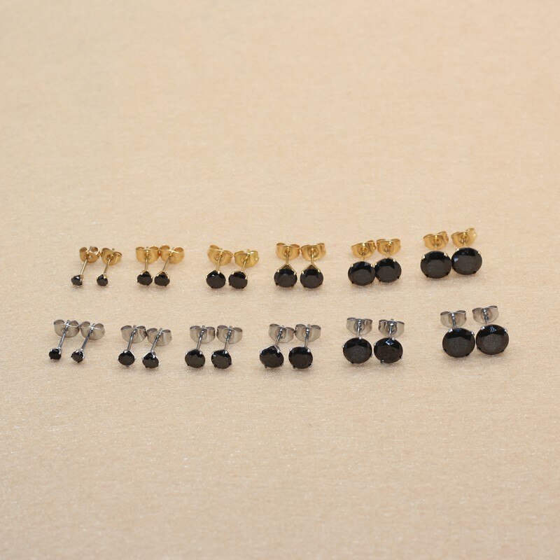 Size 3mm to 8mm 316L Stainless Steel Black Round Zircon Stud Earrings No Fade Allergy Free Brief Jewelry