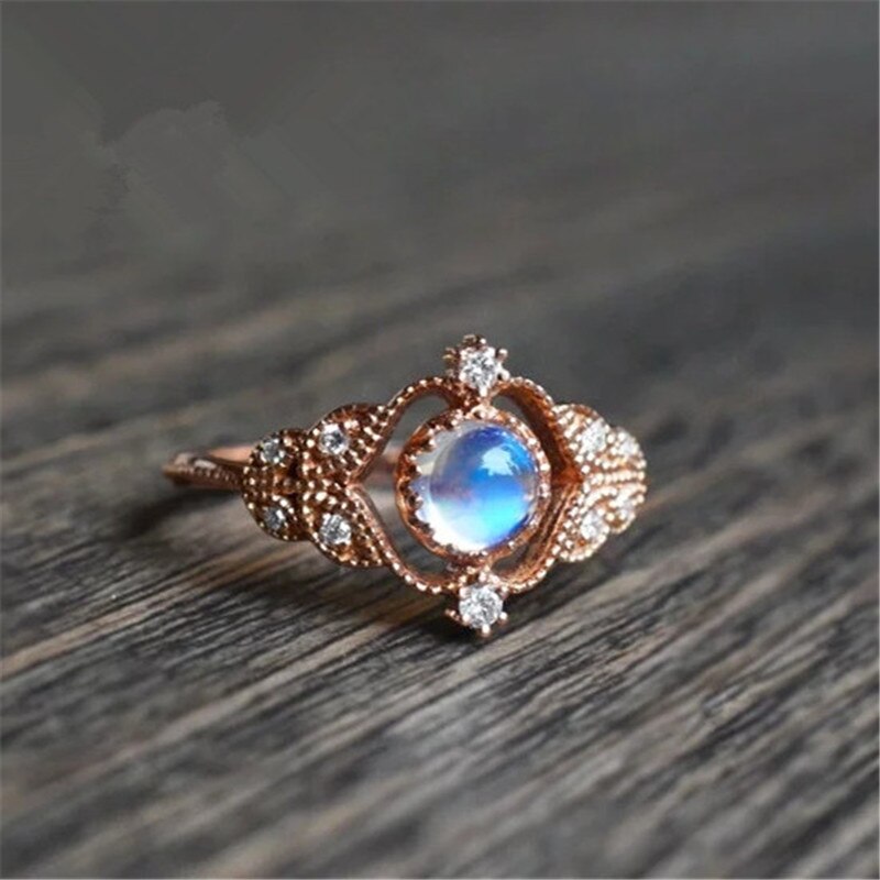 Huitan Wedding Bands For Women Rose Gold Color Leaf Shape Rings Set with Moonstone Engagement Ring Party Jewelry