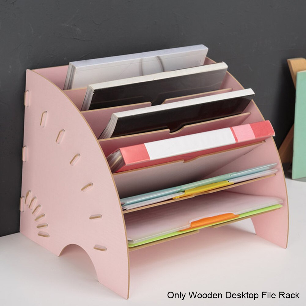 A4 Fan Shaped Wooden Desktop File Rack Home Office Supplies School Multifunction Bookshelf Living Room Desk Organizer Study: Pink