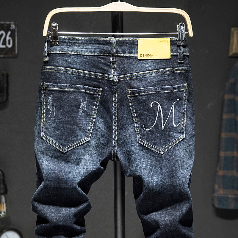 Pantalones vaqueros rasgados para hombre, ropa de calle con aberturas, color azul oscuro, elásticos, Pantalones largos