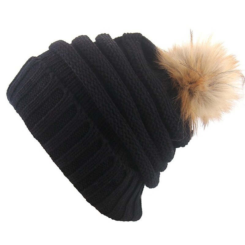 Winter Warm Female Fur hat Spring Hat For Women Girl 's Hat Knitted Beanies Cap Hat Thick Women Skullies Beanies: 03 Black