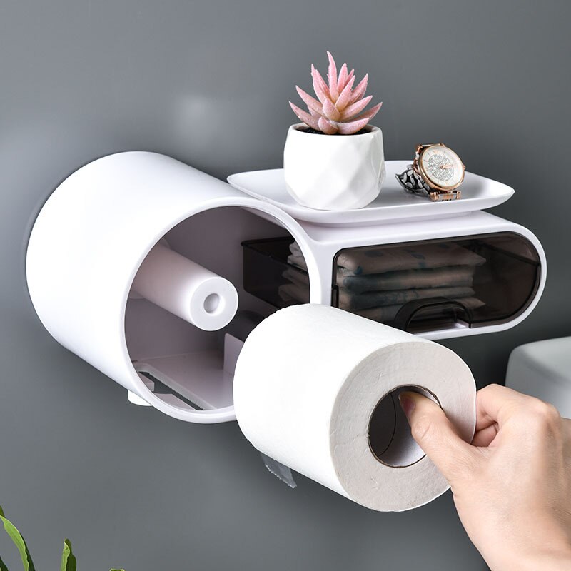 Bathroom Toilet Paper Holder Paper Tissue Box Plastic Toilet Dispenser Wall Mounted Roll Paper Storage Box Free Punching