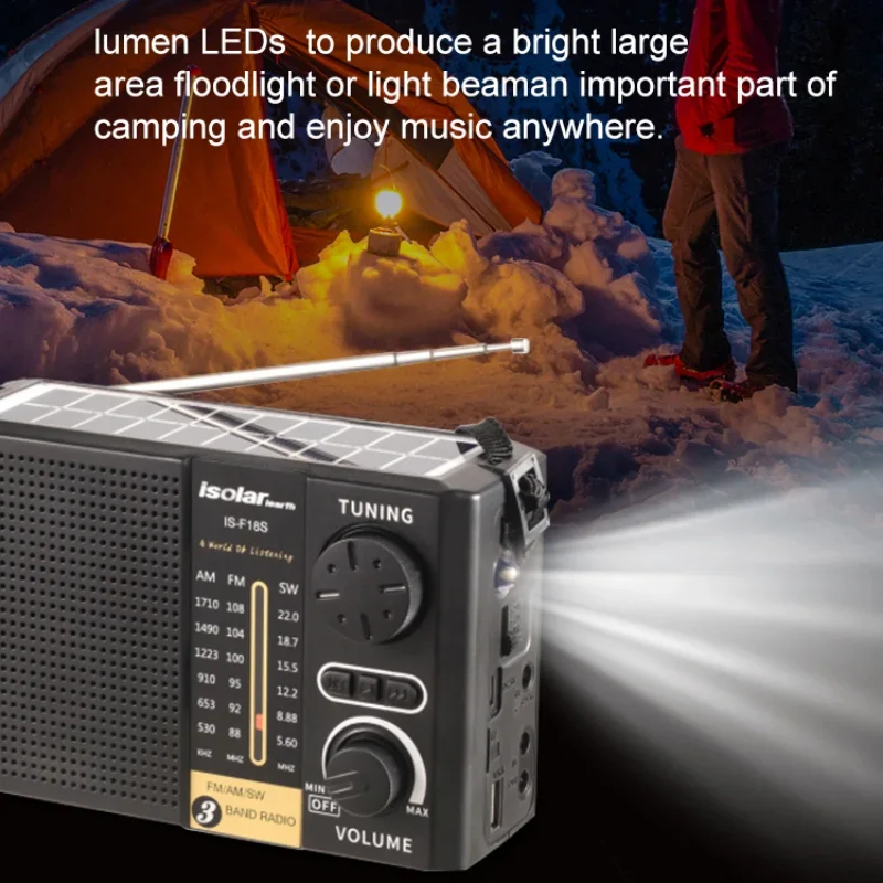 AM FM SW Radio multibanda Tarjeta TF Radio USB Luz LED Altavoz inalámbrico Panel solar de bolsillo Radio FM