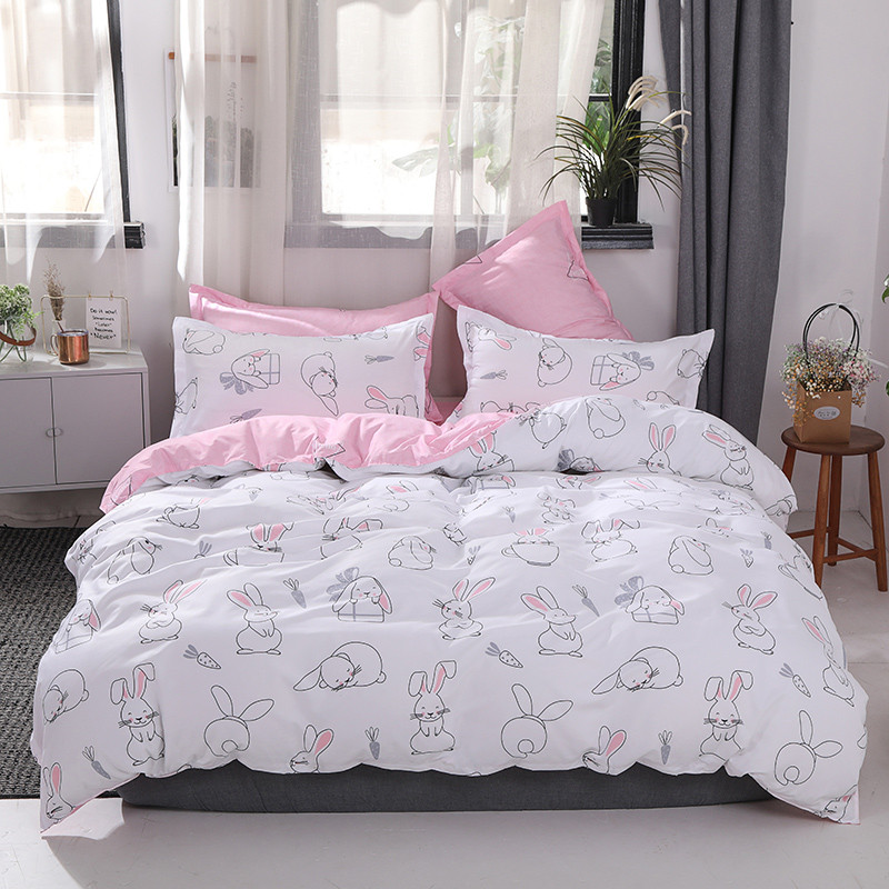Tecknad kanin söt queen sängkläder set vit rosa tryckt sänglinne för barn flicka dubbelsäng täcke täcke lakan örngott: Hela 180 x 220 cm 4 st