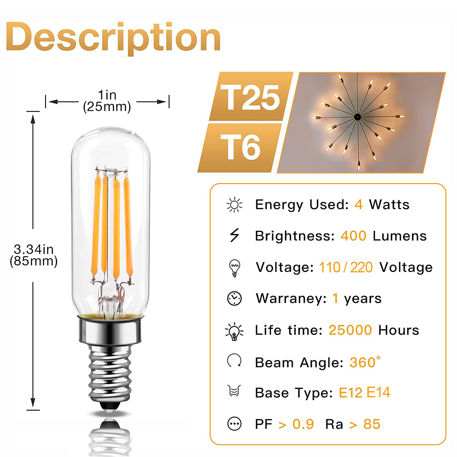 Genixgreen rørformede ledet-pærer 4w t25 t6 årgang dimbare  e12 e14 varmhvite 2700k edison-pærer til lysekroner og takvifte
