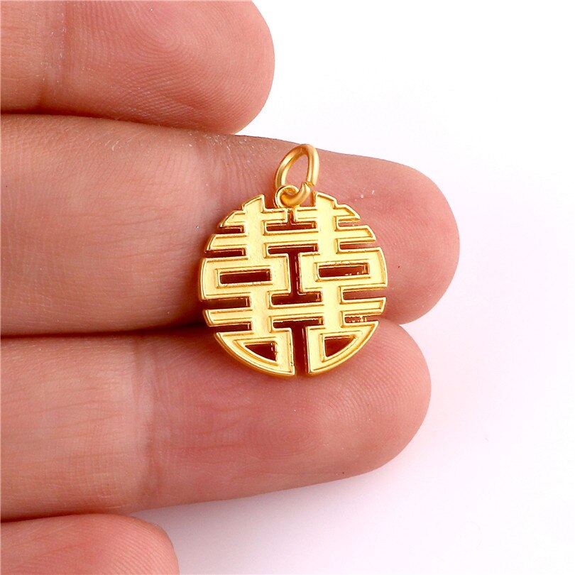 Personnages chinois ronds, couleur or 23389, Double bonheur, pendentif à breloques pour la fabrication de bijoux, Bracelet, accessoires faits à la main, 12 pièces