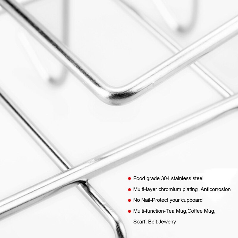 Mug Holder Cup Hanger Under Shelf Cabinet Coffee Kitchen Storage Rack Cupboard Silver 10 Hooks 304 Stainless Steel