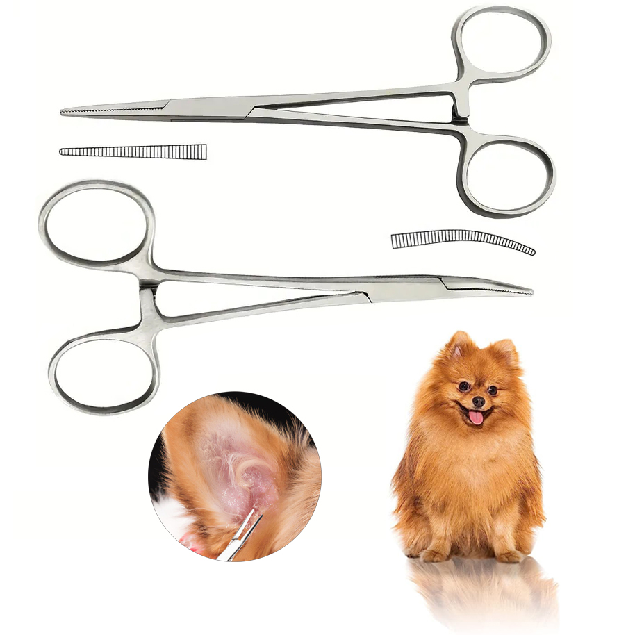 Pinzas de pelo de oreja de nariz de perro de acero inoxidable, pinzas de bloqueo hemostático, rectas y curvadas con sujeción de mandíbulas dentadas, alicates de pesca