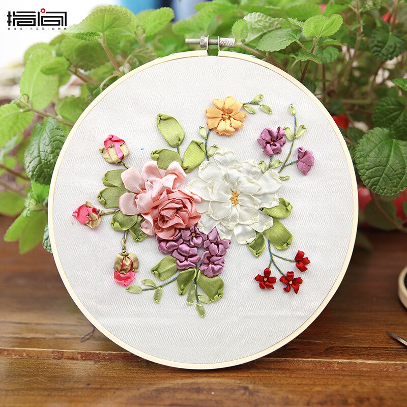 1 Pack Embroidery Flower Kit with Pattern+Instructions, Needlework DIY Beginner Stitch Kit Include 1 Embroidery Tools Hoop: C