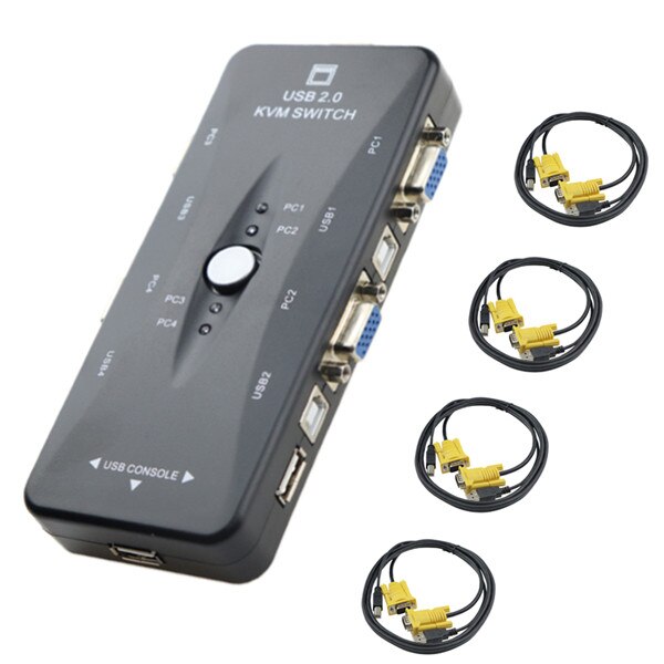 Usb Kvm Vga Switcher 4 Poorten Usb 2.0 Kvm Switch Box Adapter Een Knop Swapping Voor Computer, toetsenbord, Muis, Scanner, Printer: With 4 Cables