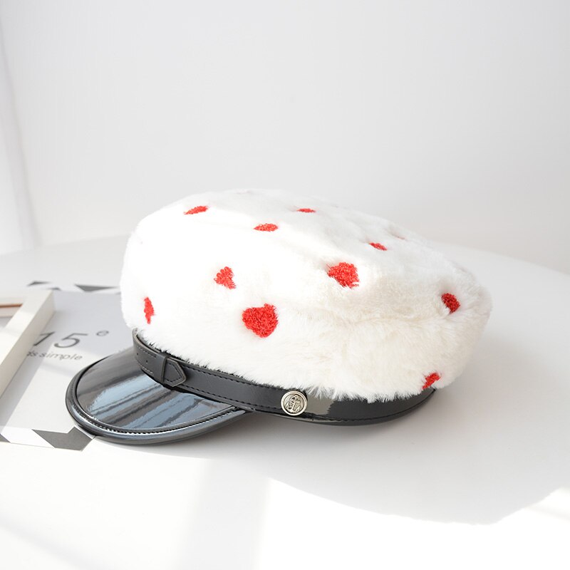USPOP nowe czapki zimowe damskie wyszywane serce gazeciarz czapki aksamitne ośmiokątny kapelusz PU rondo niejednolita całość czapki damskie grube ciepłe czapki