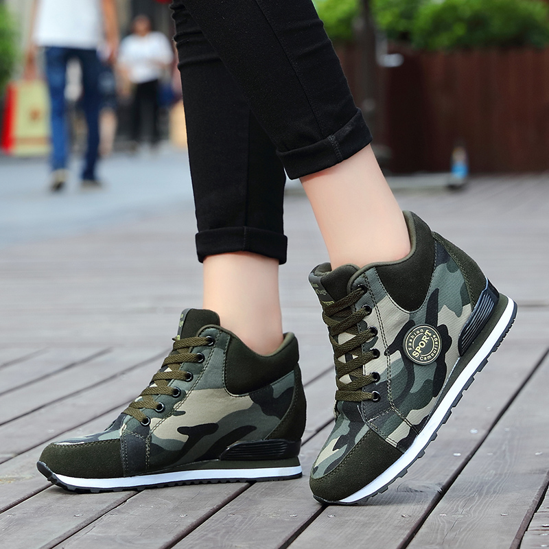 Kvinders vandresko udendørs sneakers åndbar højde stigende casual sko snørebånd camouflage kiler