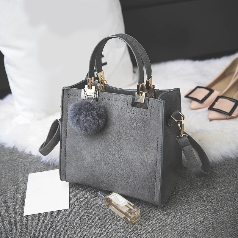 Brand Designers Hangbags For Women PU Leather Hairball Pendant Handbag Lady's Shoulder Messenger Bag For Women Tote Bag: dark grey