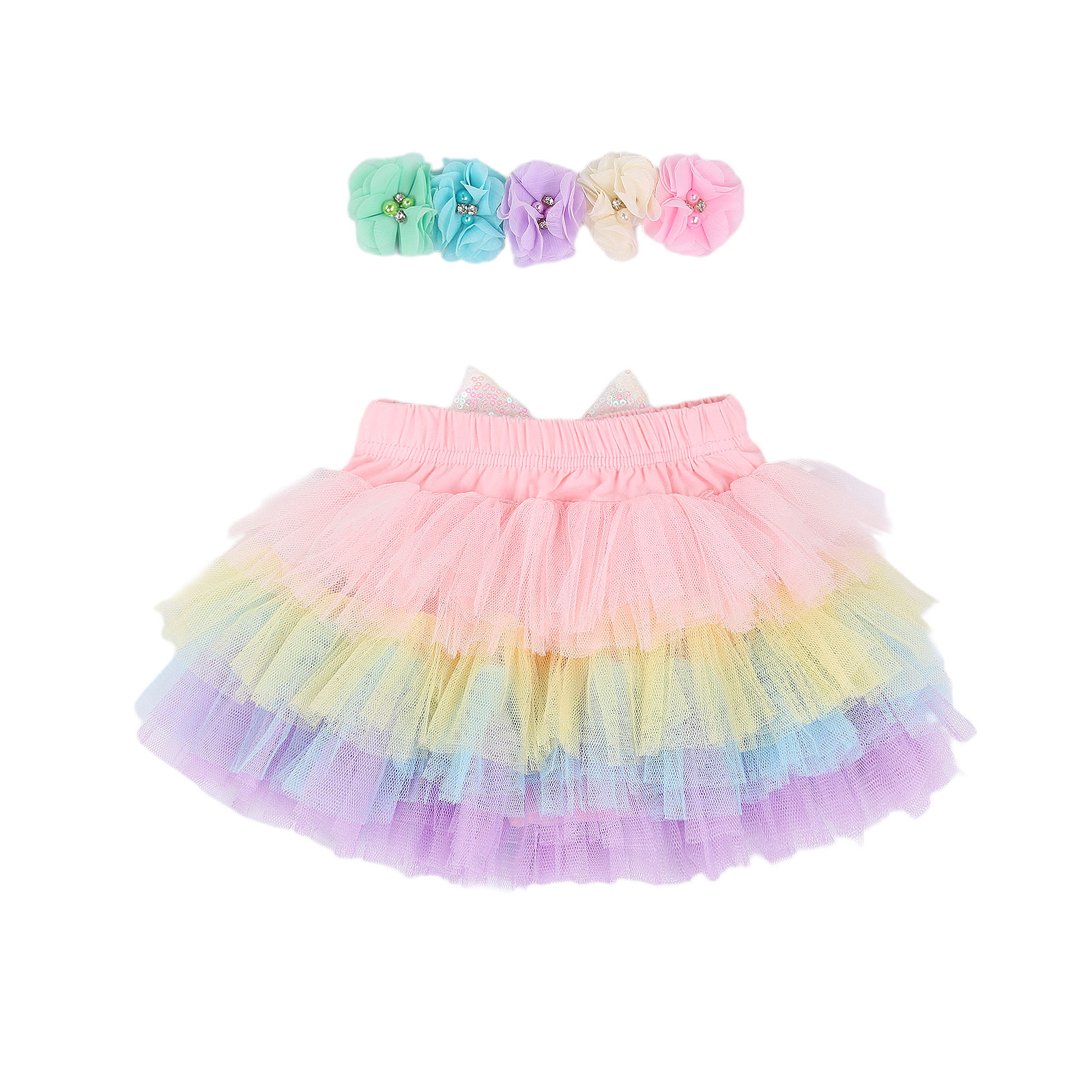 Bebê infantil meninas tutu saia + bandana 2 pçs colorido lantejoulas bowknot malha camada rendas tutu saias conjuntos de roupa