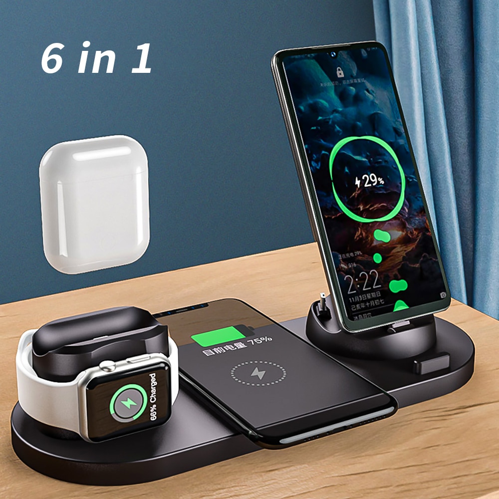 Trådlös laddstation för apple watch iphone airpods pro 6 in 1 10w qi-stativ snabbladdning för android ios mobiltelefonladdare