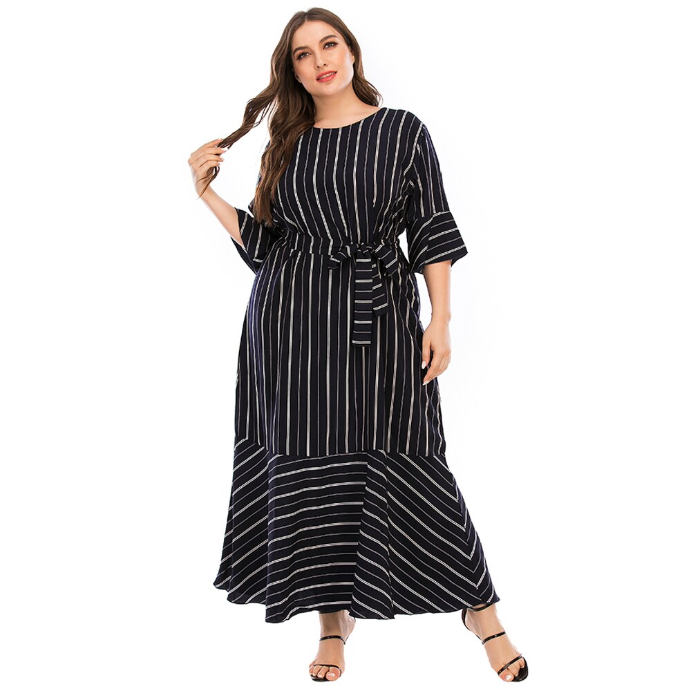 Plus koko -nainen mekko syksyn leimahdus kolme neljäsosaa hihat raidallinen printti rento mekko vyö tilkkutäkki maxi pitkät mekot