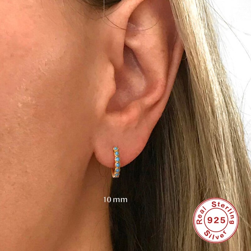 925 Sterling Silver Huggies Pendientes Turquois Piercing Hoop Earring For Women Girls Round Circle Earrings Jewellry