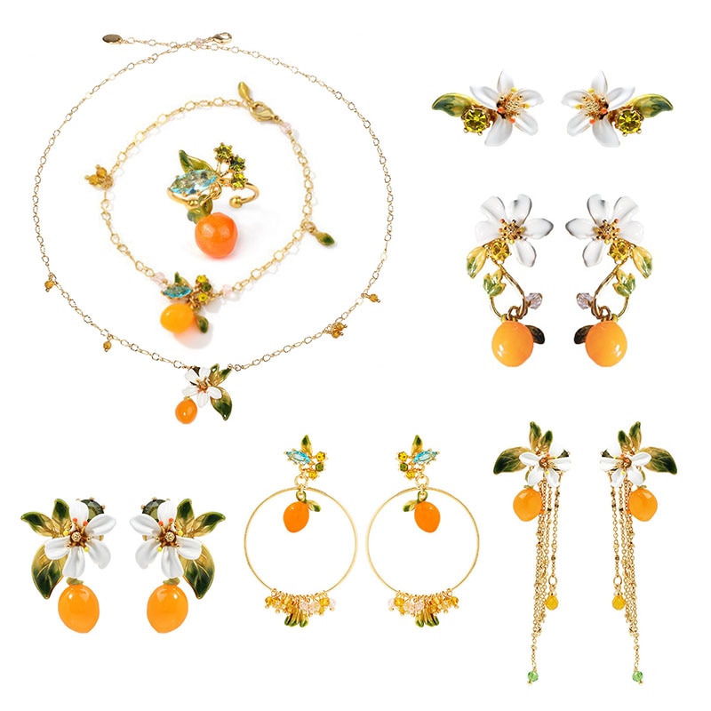 Romantisk søte oransje blomster perle ørering ring armbånd armbånd halskjede smykkesett for kvinner hvite blomster smykker