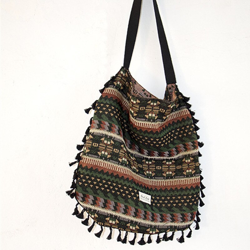 YILE Vintage Fabric Unique Tassel Shoulder Bag Shopping Tote Ethnic Style 705a