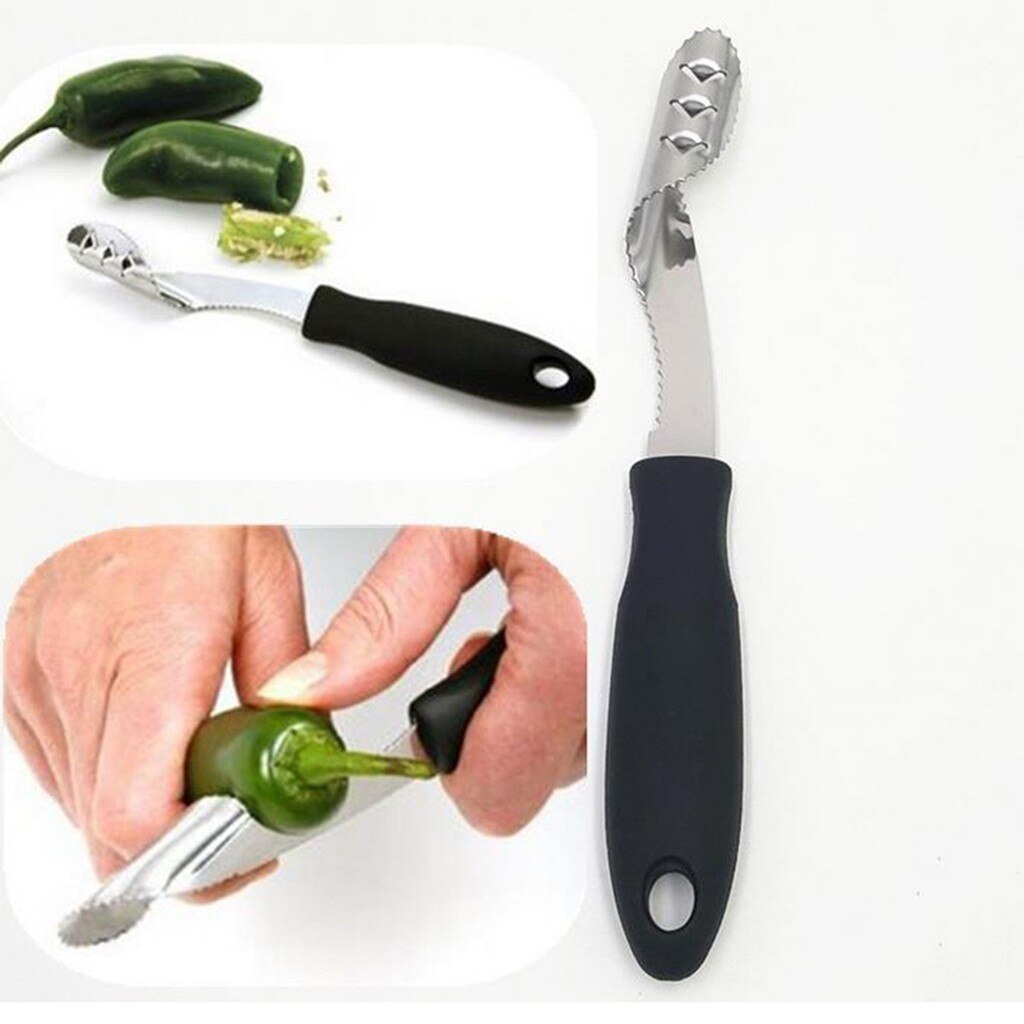 Roestvrijstalen jalapeñopeper zaaimachine handvat gekarteld rand ontpitter kersen olijf ontpit handzame chili ontpitter