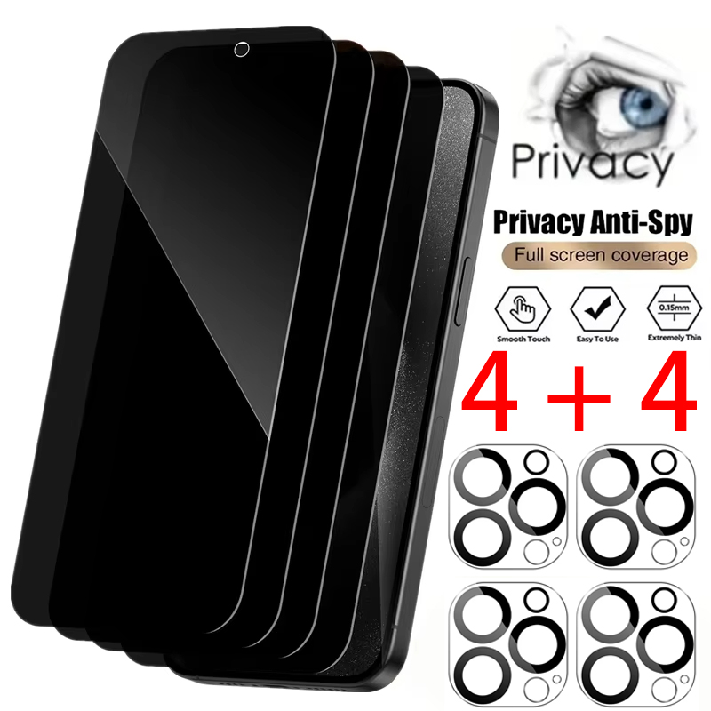 4 Stück schwarze Sichtschutzfolie mit 4 Stück Objektivschutz für iPhone 16 15 Profi Max Glas 11 Profi 16 15 Plus 14 13 12 Profi Film