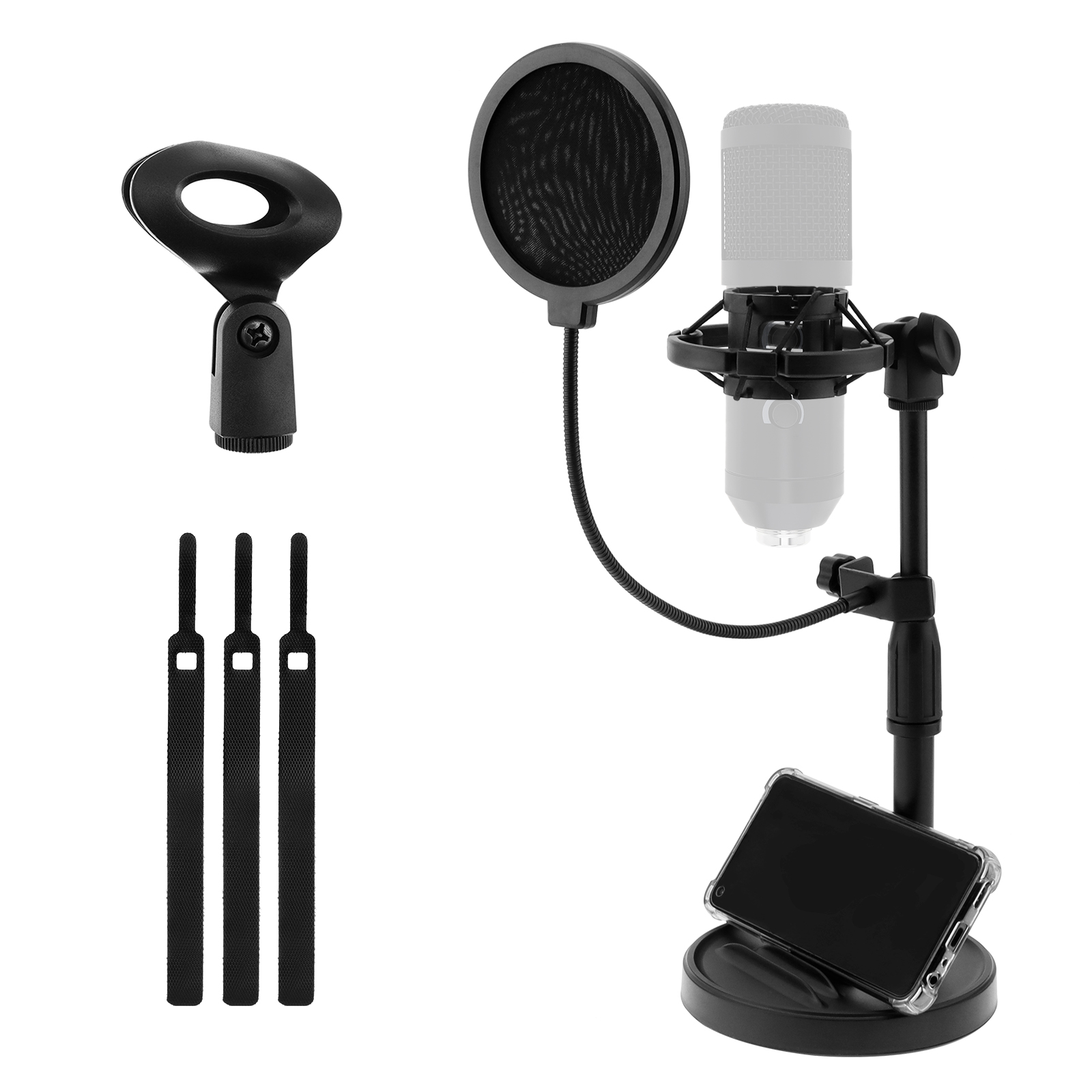 Mic Stand Desk Table with Weighted Base, Pop Filter, Shock Mount, Mic Clip Desktop Microphone Stand with Phone Holder