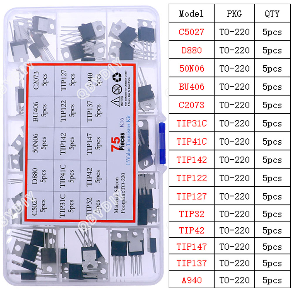 TO-92 TO-92L TO-126 TO-220 Serie Mosfet Triodo Tiristor PNP NPN Transistor Surtido Kit Caja: Blanco