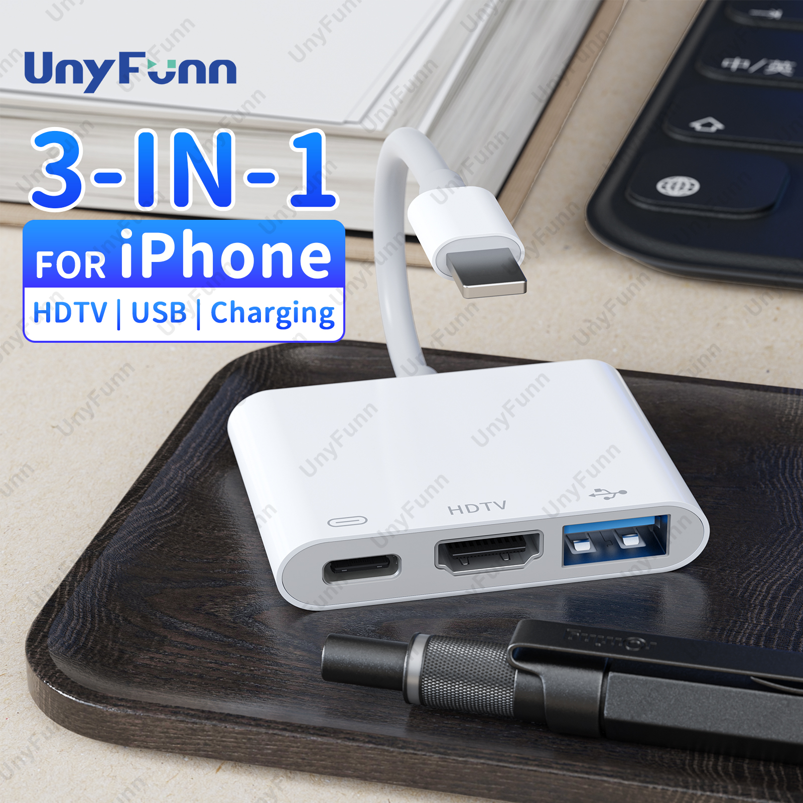 Adapter 3w1 HDTV do iPhone'a z portem ładowania Adapter iPhone do HDTV OTG do monitora TV Projektor Napęd USB Klawiatura MIDI Mysz
