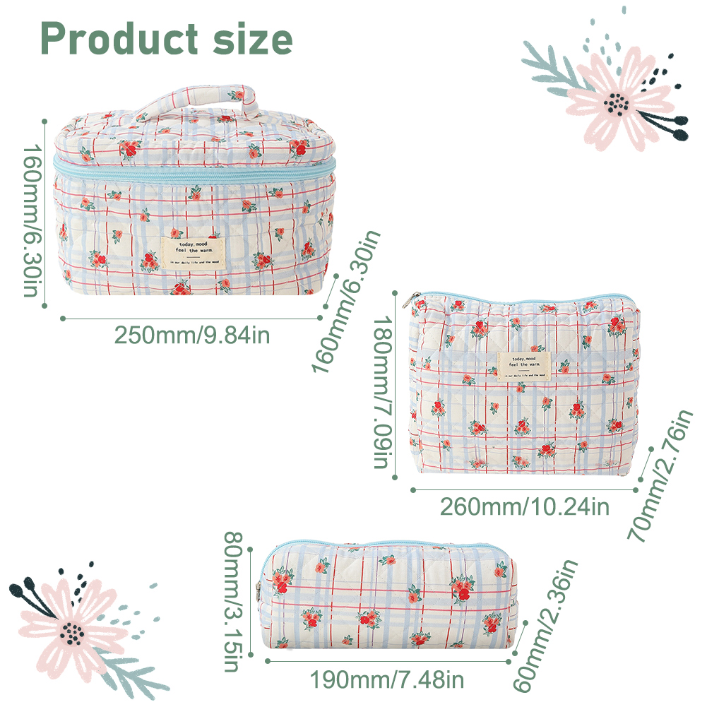 3pcs/set Ladies Quilted Cotton Storage Bag Aesthetic Printed Makeup Bag Women's Large Capacity Toiletry Organizer Cosmetic Pouch: Blue