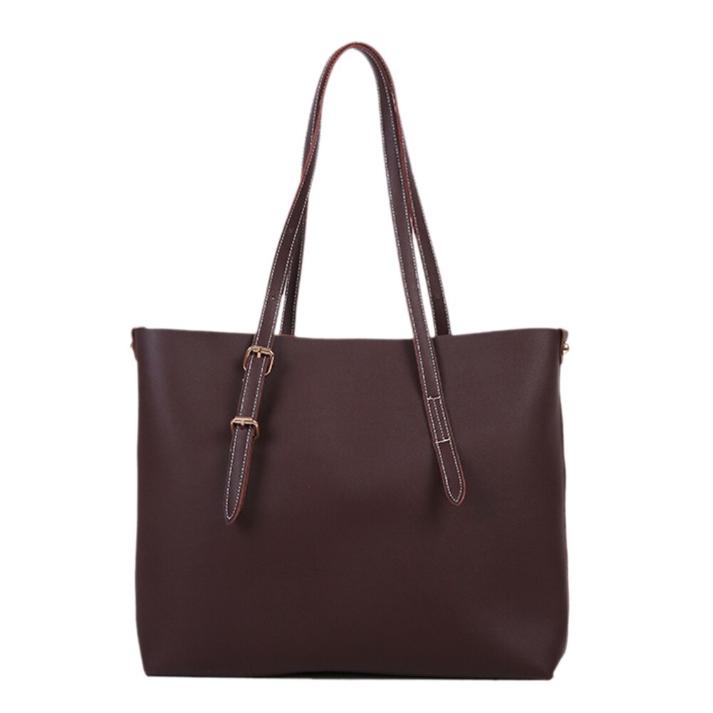 2 pièces/ensemble couleur unie PU sac à main femmes grande capacité décontracté dame épaule embrayage exquis sac à provisions: Dark Brown