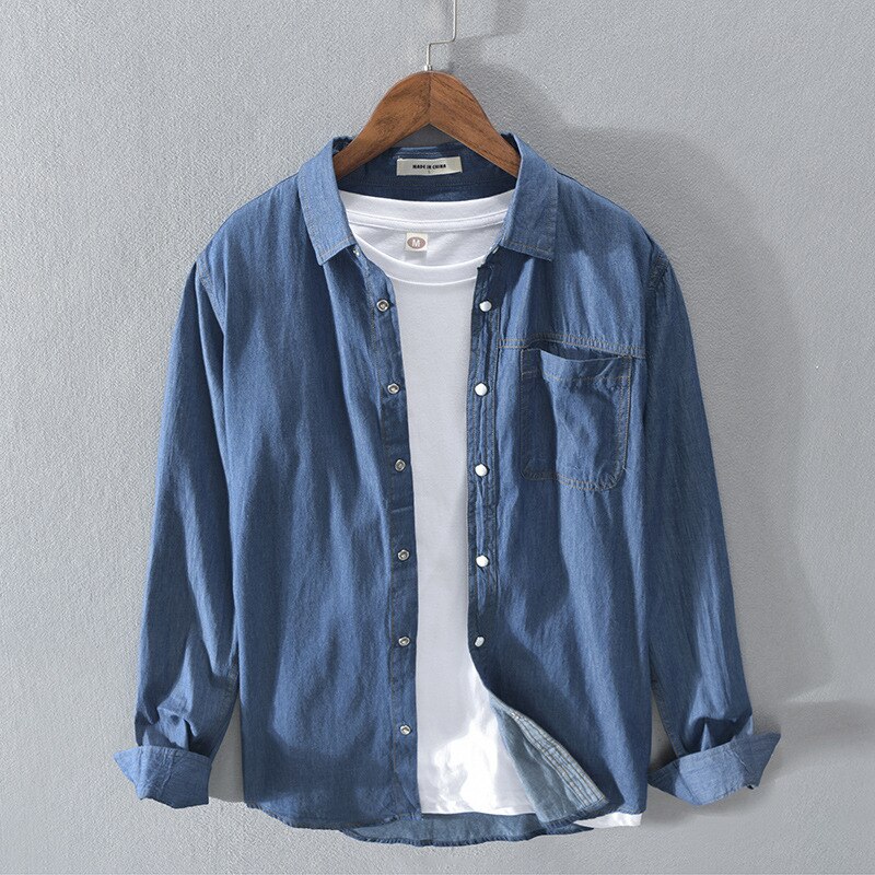 Wiosna jesień moda męska Solid Color z długim rękawem niebieska koszula dżinsowa męski Japan Style wysokiej jakości prosty Casual Slim Fit Top bawełniany: deep blue / Xl