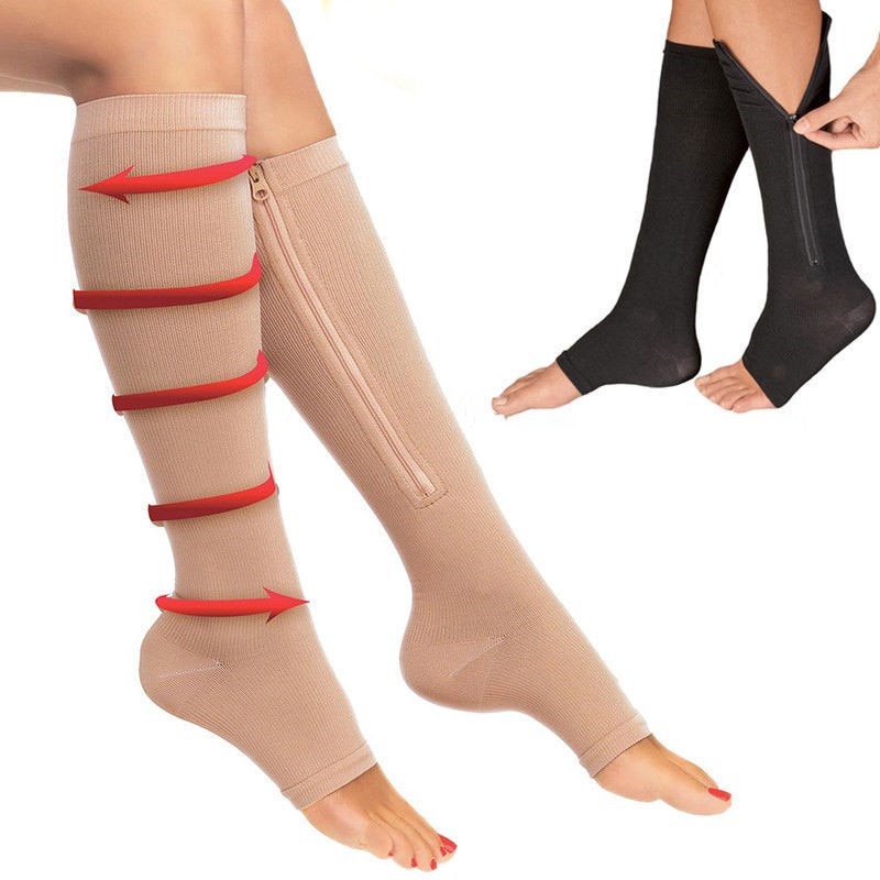 Lynlås kompressionsstrømper mænd & kvinder tryk nylon lynlås knæstrømper unisex benstøtte stretch tryk åben tå lange sokker