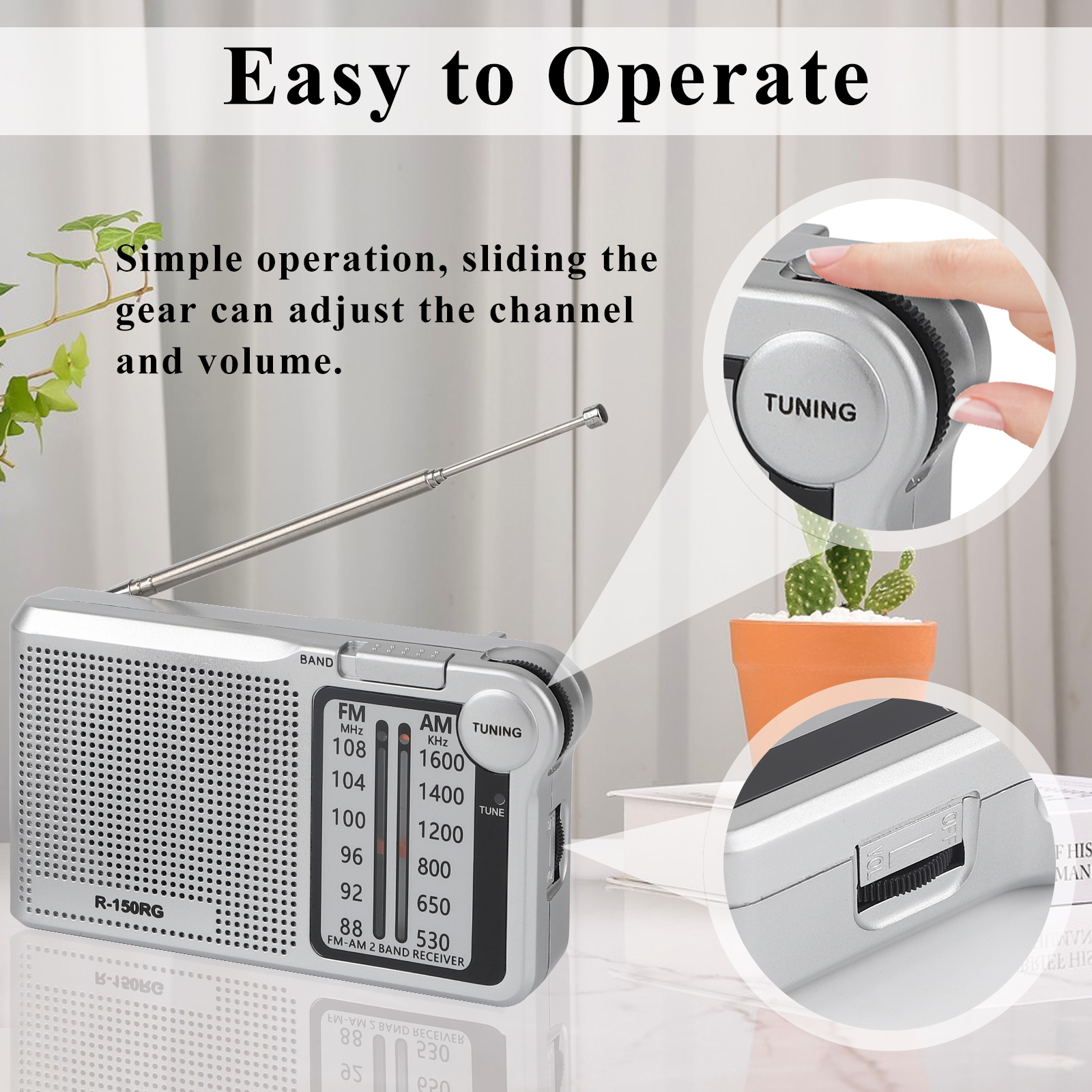 150RG radio Portable AM/FM radio, small pocket radio with speaker, headphone jack, USB charging cable for indoor and outdoor