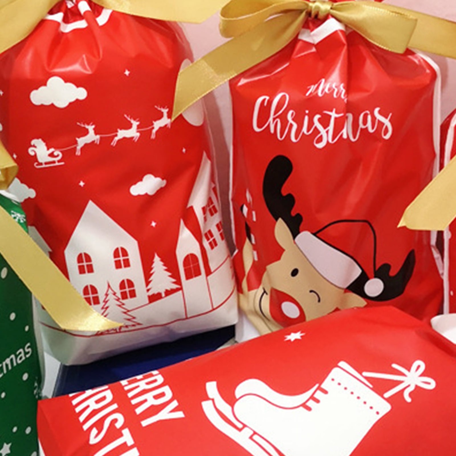 50pcs Christmas Candy Bags Xmas Decorations Santa Bag Navidad Xmas Bags Cristmas Cookies Packing Bag 15x23.5cm