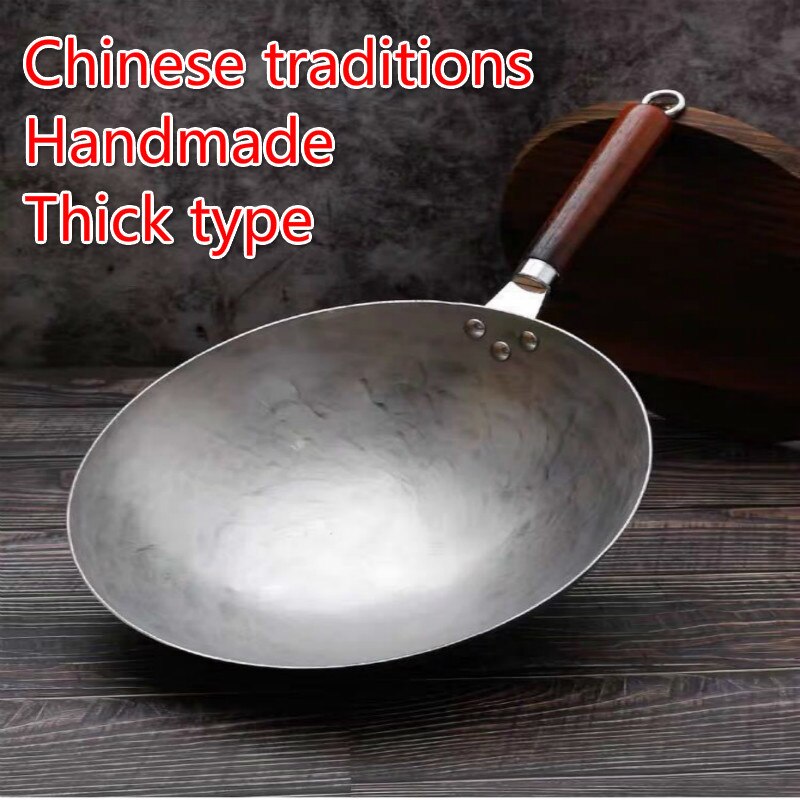 36Cm Houten Handvat Pure Ijzer Geen Coating Non-stick Wok Hand Smeden Ijzeren Pan Chinese Stijl Ijzeren Pot gas Fornuis