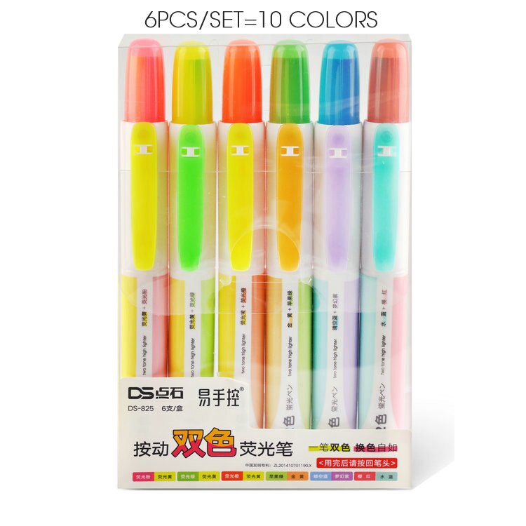Andstal-Juego de 6 subrayadores recargables de doble punta, set de 6 unidades por lote, marcador escolar fluorescente suave: 6pcs set