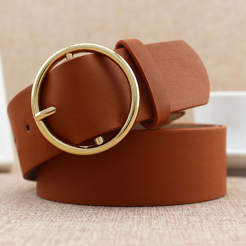 Mode Klassieke Ronde Gesp Dames Brede Riem Vrouwen Vrouwelijke Toevallige Lederen Riemen Voor Jeans Kemer f110: Bruin