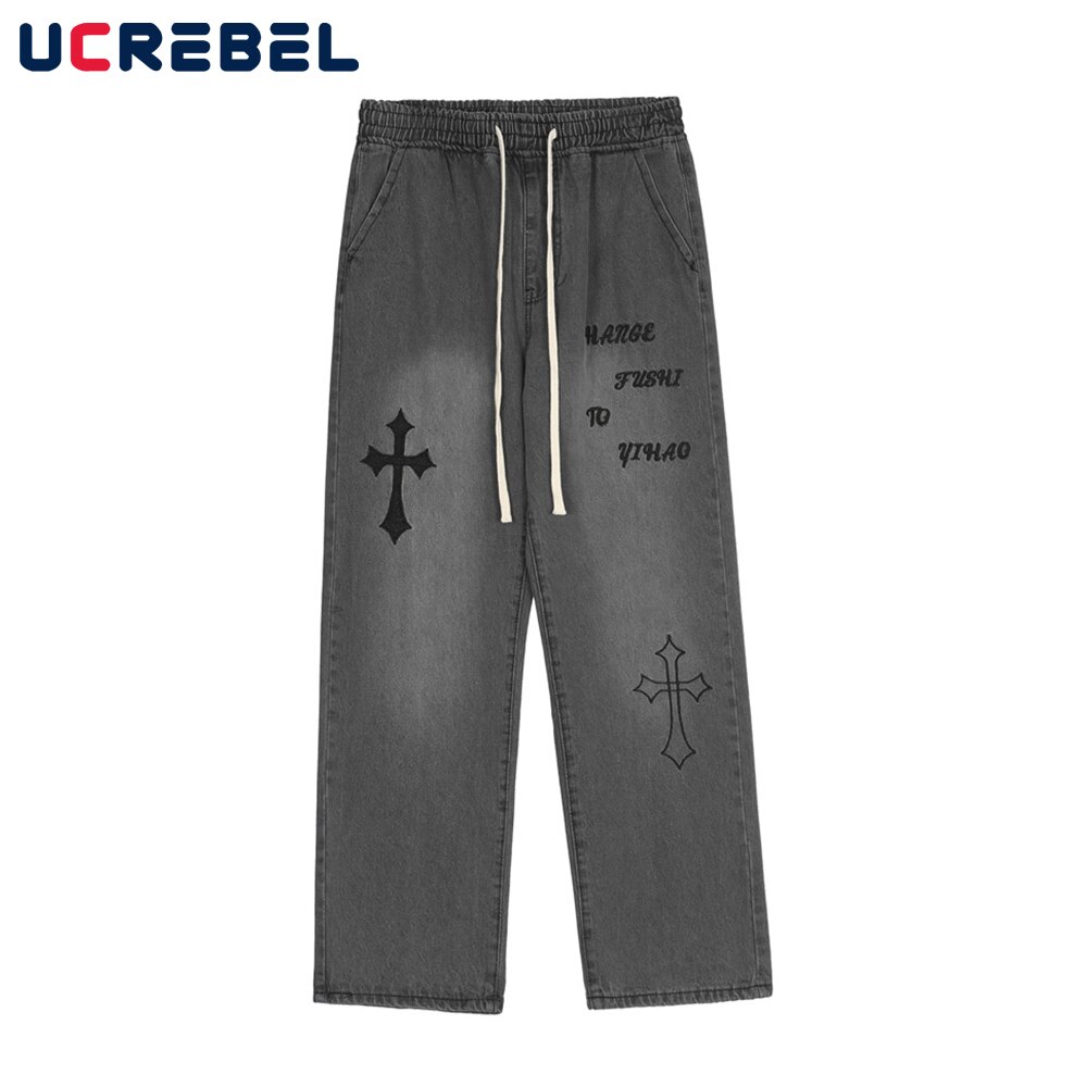 Pantalones vaqueros con bordado de letras cruzadas para hombre, pantalón informal desgastado de cintura elástica a la , ropa de calle, pantalones sueltos de pierna recta