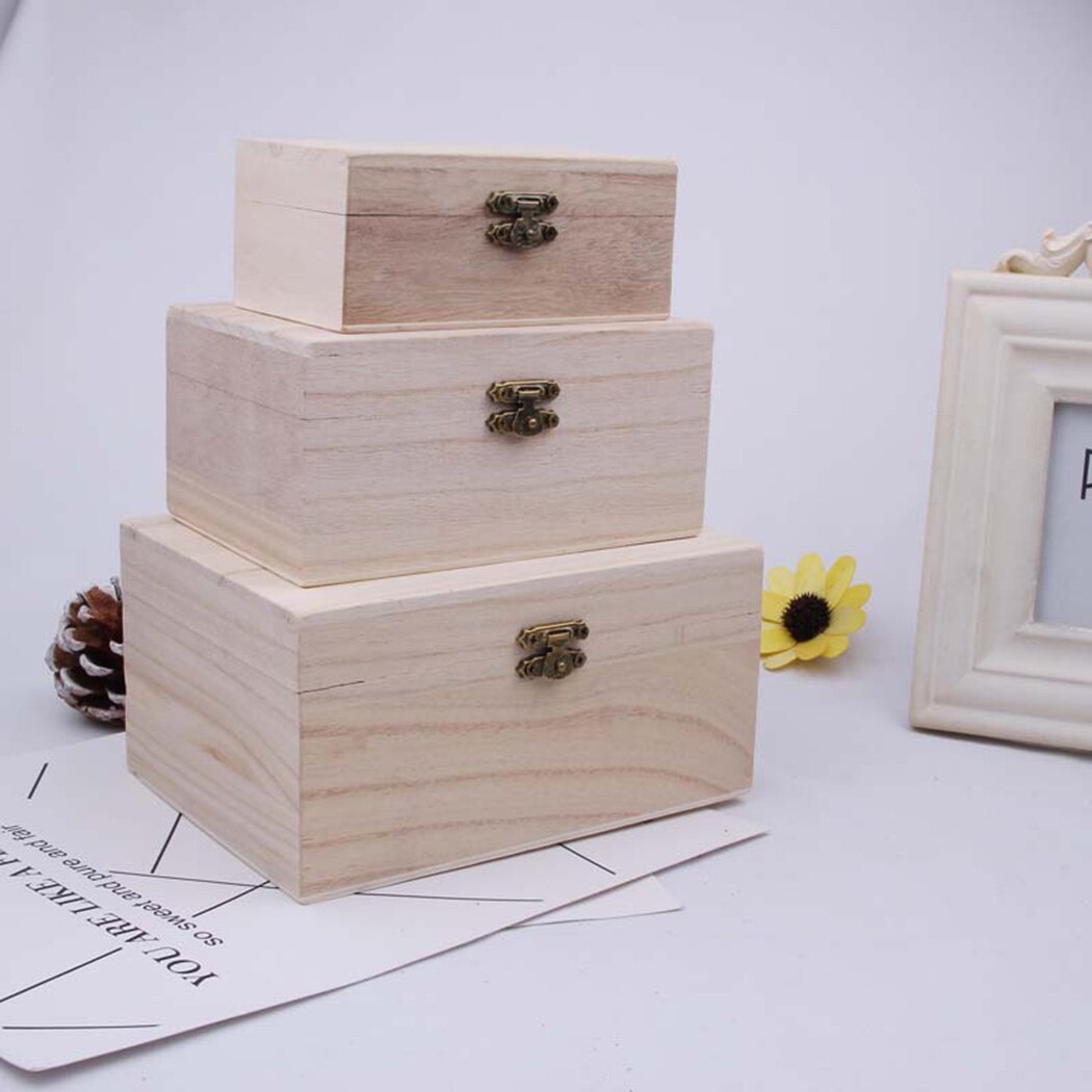 S/M/L Wooden Storage-Box Plain Wood With Lid Multifunction Square Hinged Craft Boxes For Home Supply Storage Decora