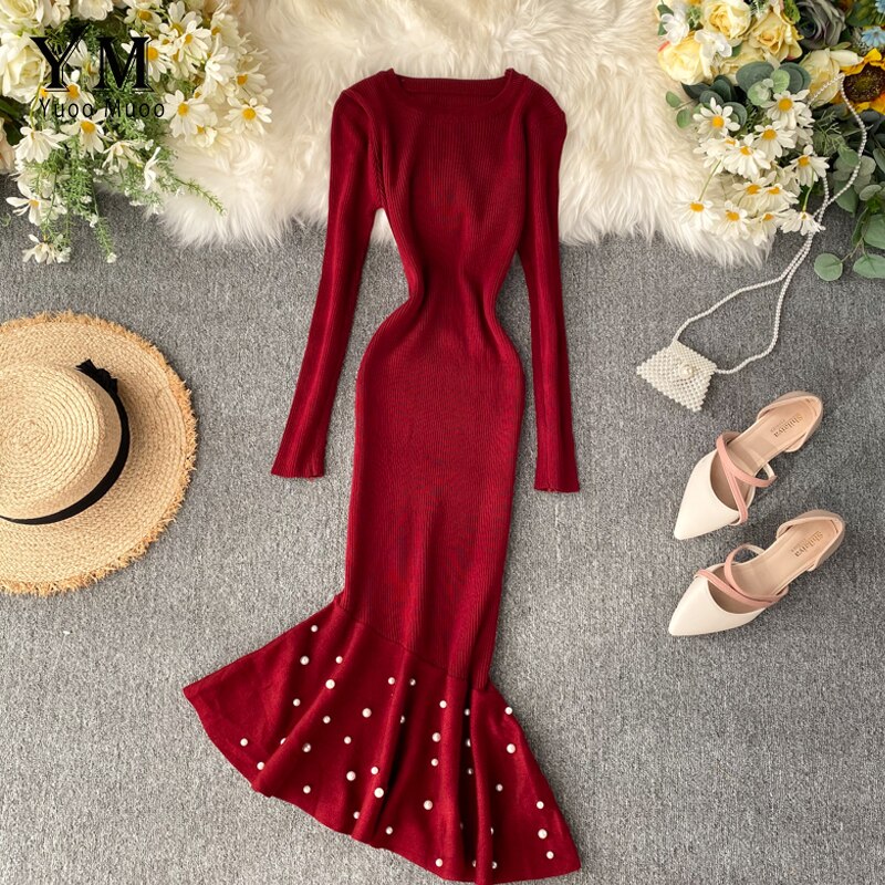 YuooMuoo nieregularne frezowanie wzburzyć syrenka midi sukienka kobiety elegancka sukienka z długimi rękawami jesień dzianiny sukienki damskie tunika