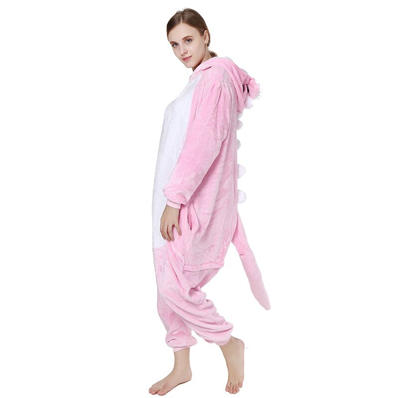 Winter Pink Flannel Pajama Sets Women One-piece Sleepwear Cosplay Dinosaur Kigurumi For Adults Pyjama Femme Stitch Hooded Onesie